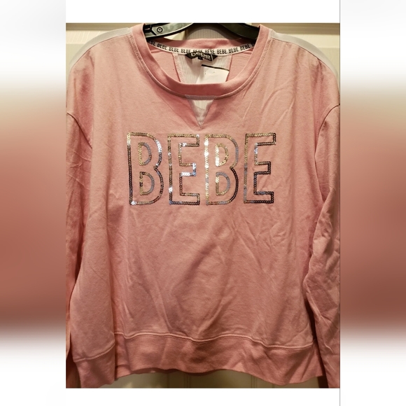 Bebe Sport Top Large PEONY Long Sleeve Sheer White Stripe On Arm Sequins… - Picture 2 of 9